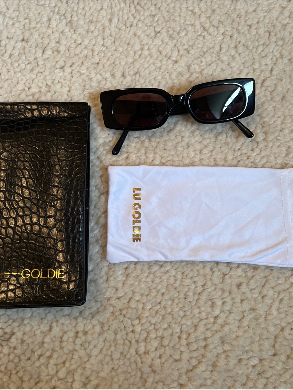 Lu Goldie Black Rectangular Sunglasses with Dark Lenses and Branded Pouch